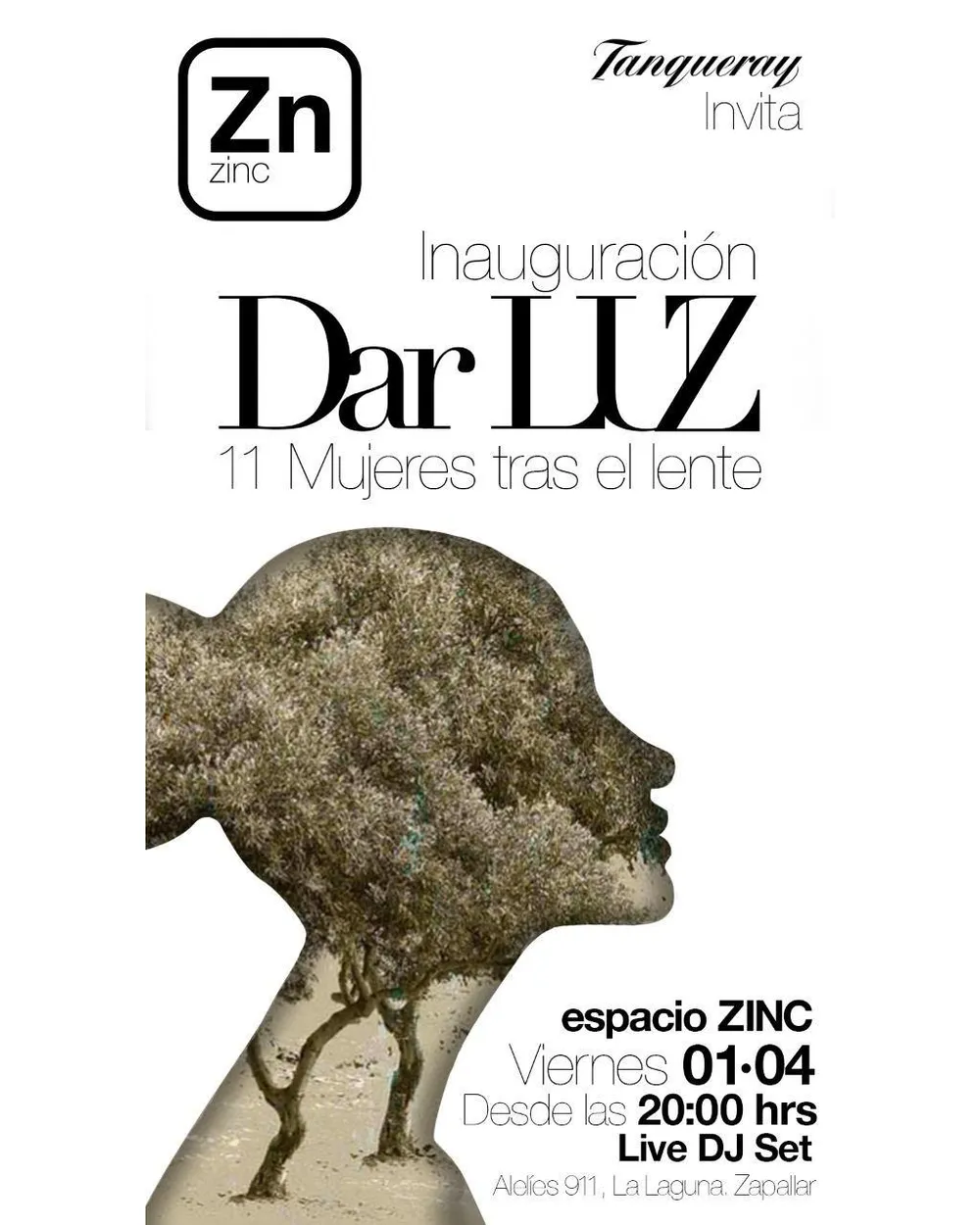 Afiche de la exposición Dar Luz, 11 mujeres tras el lente: silueta de un perfil de mujer formada por árboles, en espacio Zinc